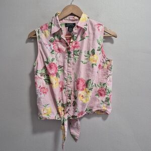 Lauren Ralph Lauren Floral Linen Sleeveless Tie Front Button Down Medium